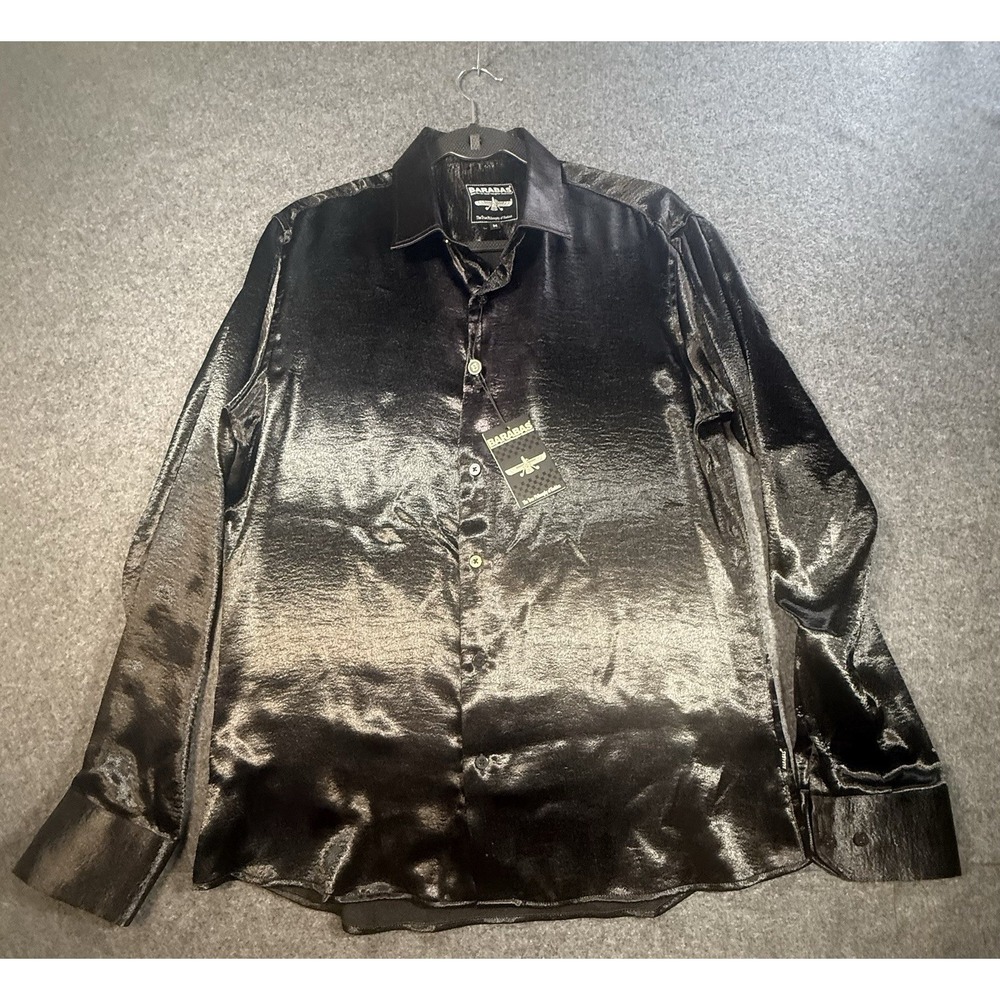 Barabas Men's Black Satin Long Sleeve Button Down Shirt Size M
